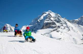 Sledding in Mürren on the Apollo Run sledding trail.
