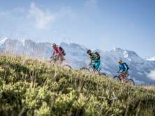 Drei Biker fahren bergwärts über eine Bergwiese. Hinter ihnen ist ein weisses Bergpanorama zu sehen.