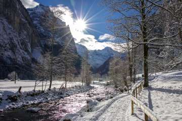 Winter in the Lauterbrunnen Valley: The Lütschine River in Lauterbrunnen.