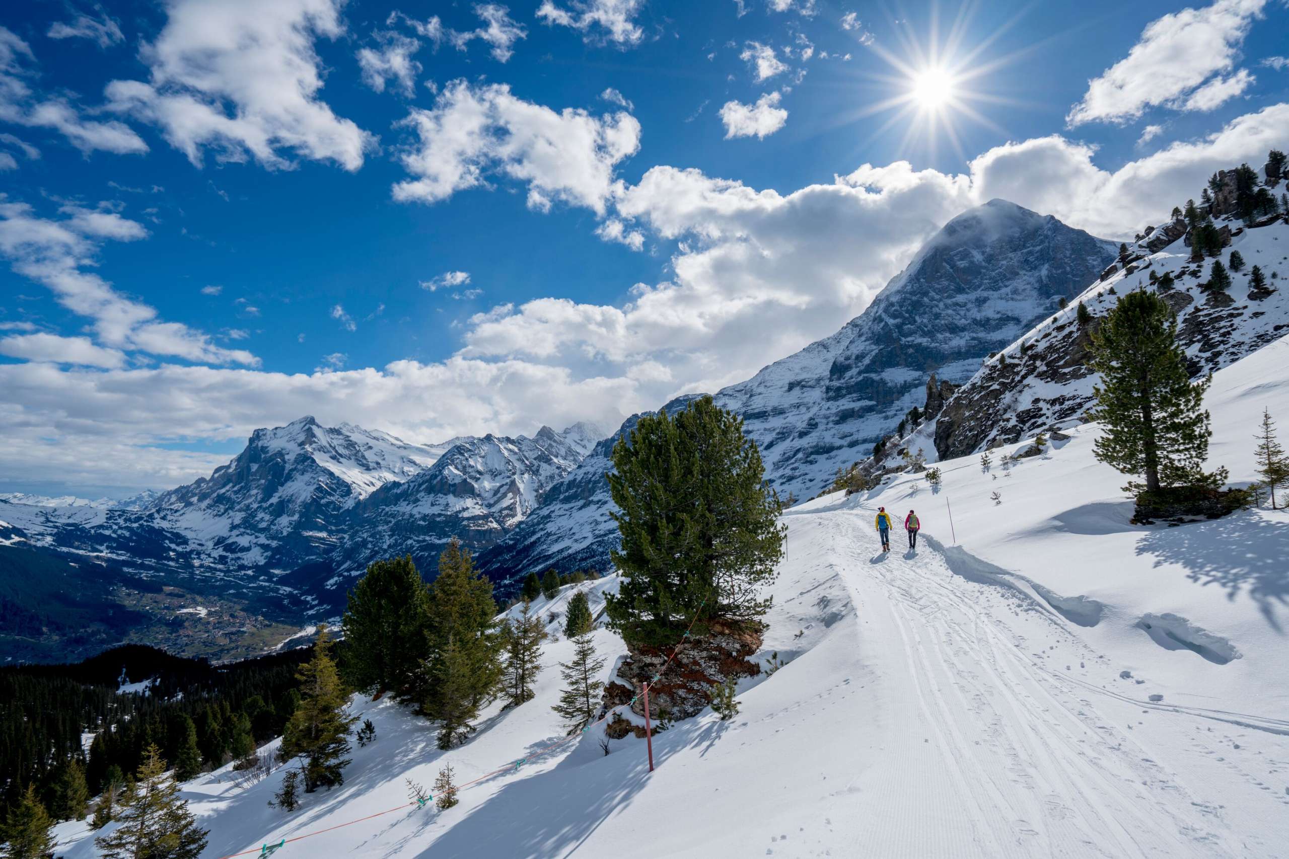 Randonnée hivernale sur les sentiers enneigés autour de Grindelwald. Les randonneurs profitent d'une journée ensoleillée et d'une vue imposante sur l'Eiger.