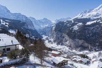 The village of Wengen is covered in snow.