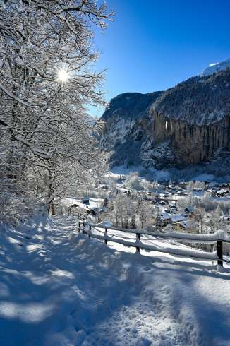 A snow-covered path winds through a peaceful winter landscape dotted with trees and a wooden fence. In the background, a view opens up onto the Lauterbrunnen Valley with its steep rock faces.