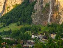 View of the village of Lauterbrunnen with the Staubbach Falls in the background